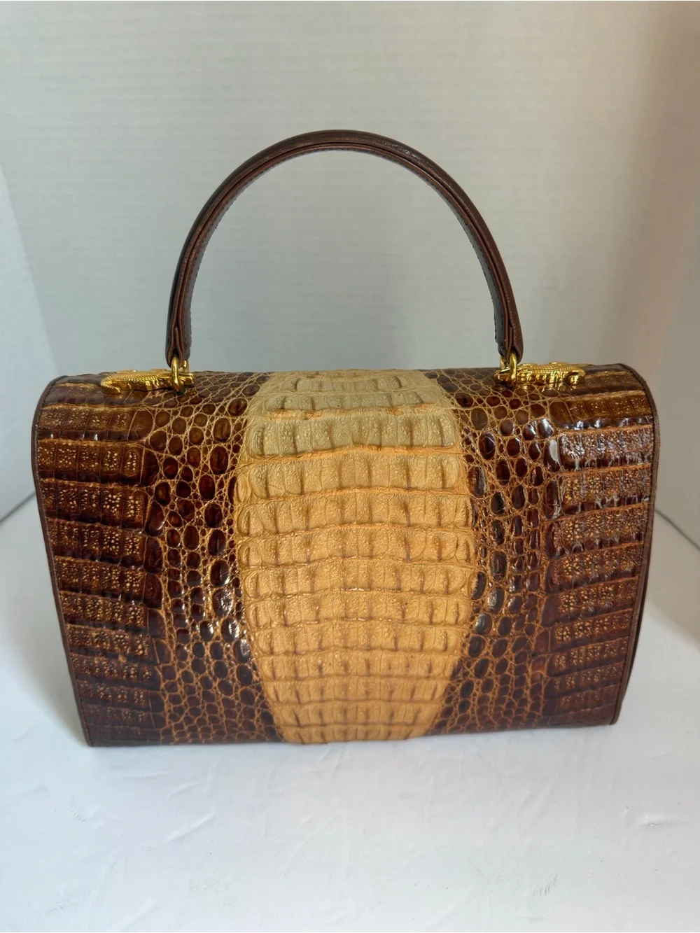 Classic Two-Tone Brown Croc Top-Handle Bag
